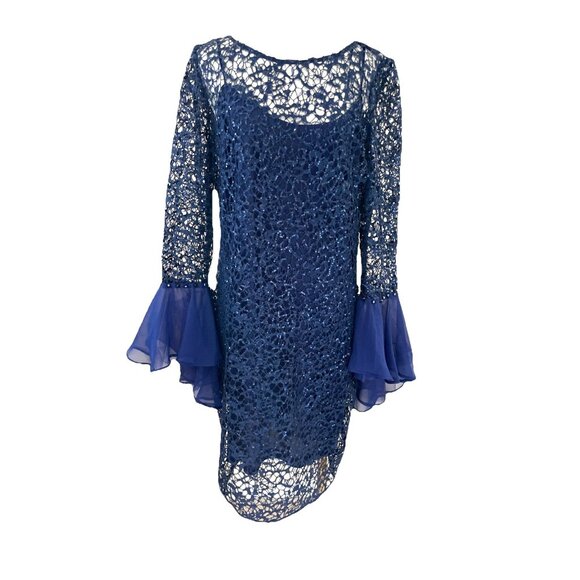 Alex Evenings Sheer Lace Sequin Dress w/ Slip Navy Bell Sleeves Fairy Whimsical - Picture 1 of 13